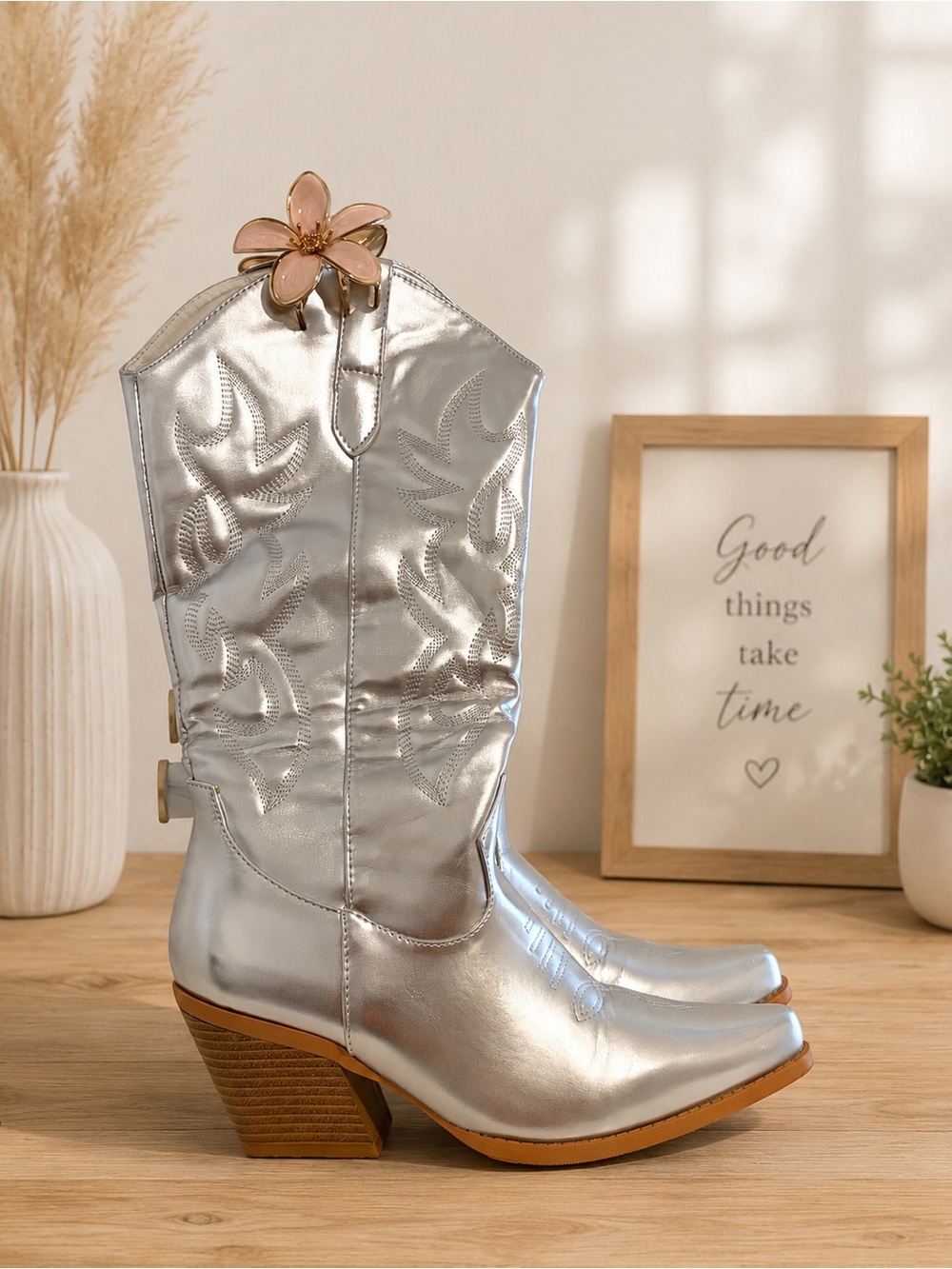 Forever 21 Metallic Silver Western Ankle Boots